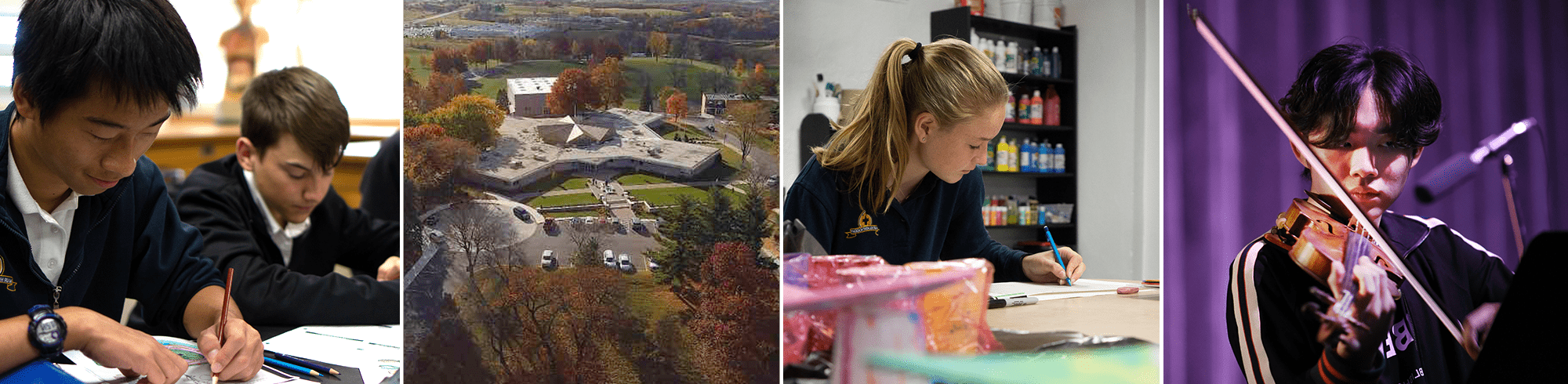 student playing a violin, a student studying, a birds eye view of campus, two students working on homework